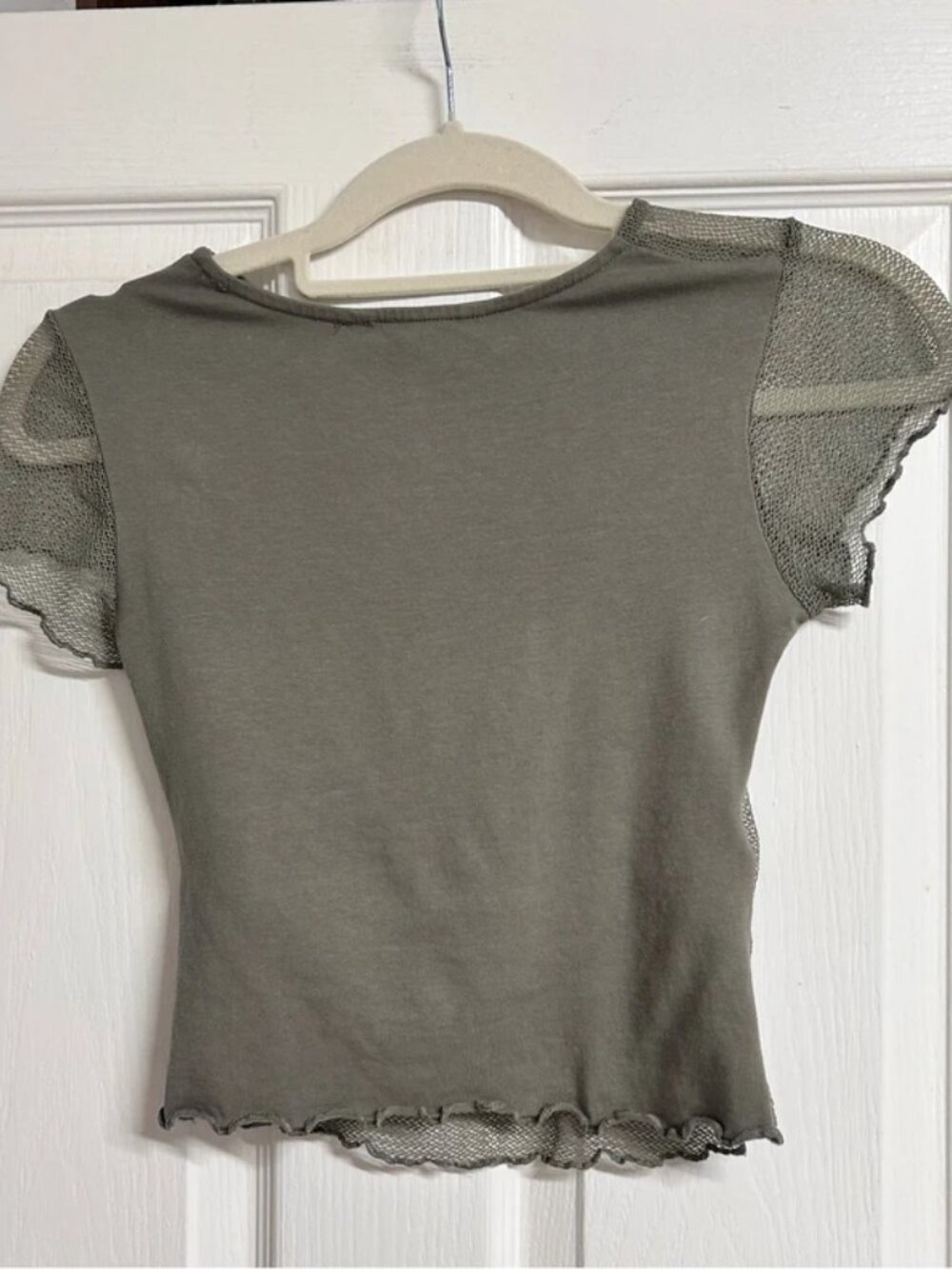 Olive Glassons Womens Mesh Short Sleeve Crop Top - Picture 2 of 5